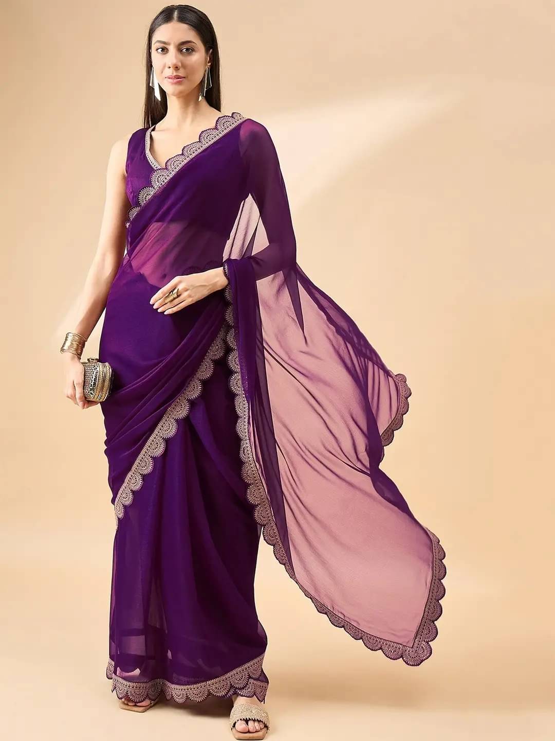     			SEABIRD EXIM Chiffon Embroidered Saree With Unstitched Blouse Piece ( Purple )