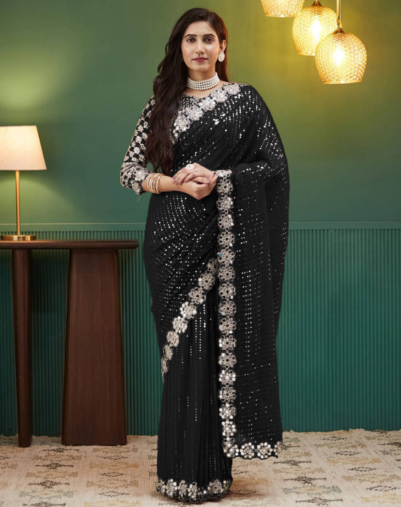     			SEABIRD EXIM Georgette Embroidered Saree With Unstitched Blouse Piece ( Black )