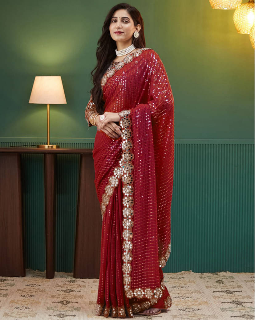    			SEABIRD EXIM Georgette Embroidered Saree With Unstitched Blouse Piece ( Red )