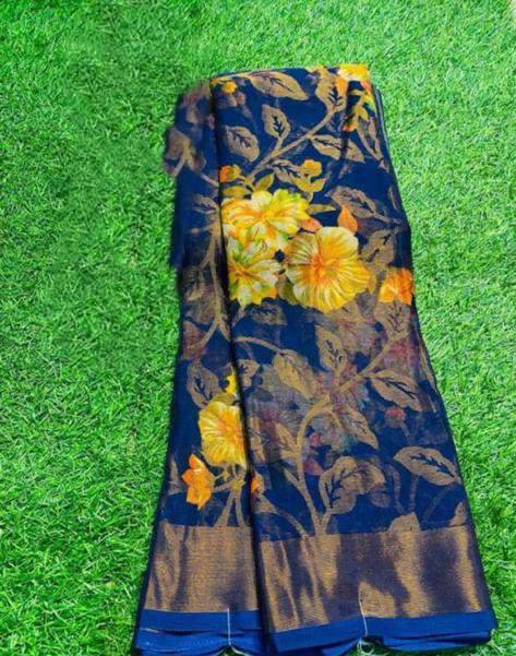 SHIRODHARI Brasso Printed Ilkal Saree With Unstitched Blouse Piece ( Navy Blue ) SHIRODHARI Brasso Printed Ilkal Saree With Unstitched Blouse Piece ( Navy Blue )