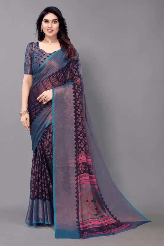     			SHIRODHARI Brasso Printed Ilkal Saree With Unstitched Blouse Piece ( Navy Blue )