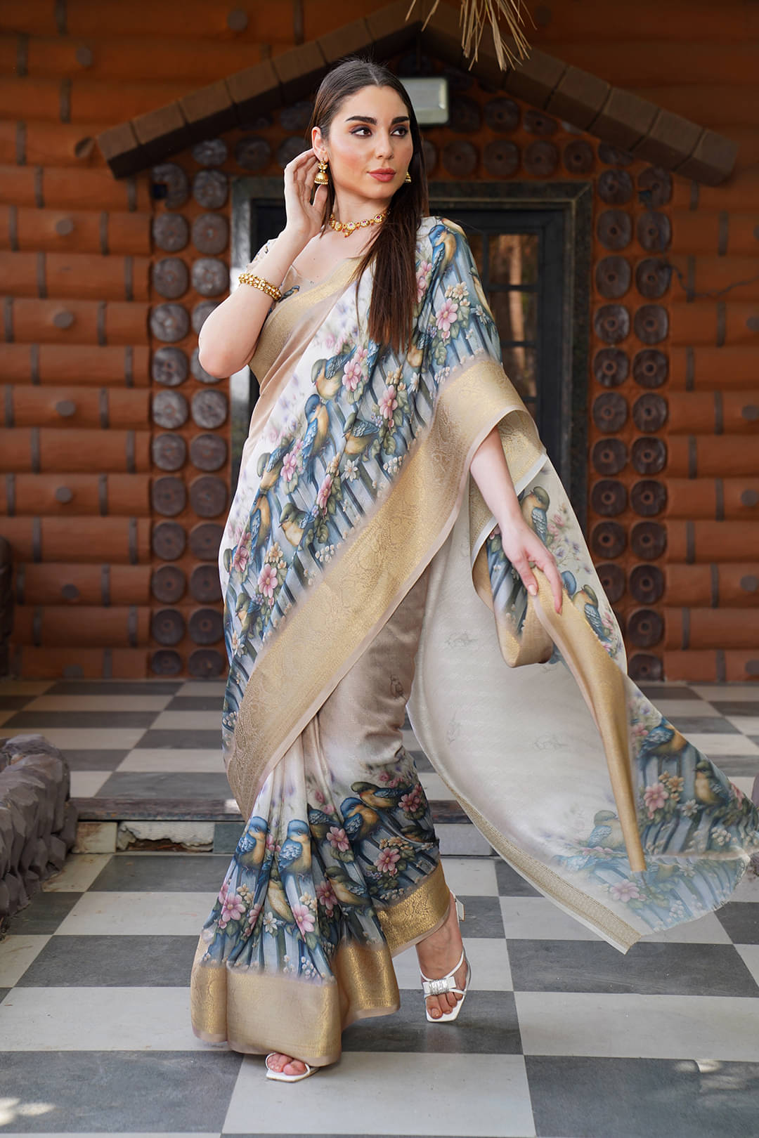     			SHIRODHARI Chanderi Printed Ilkal Saree With Unstitched Blouse Piece ( Gold )