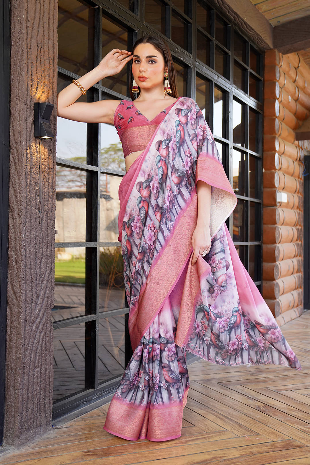 SHIRODHARI Chanderi Printed Ilkal Saree With Unstitched Blouse Piece ( Pink ) SHIRODHARI Chanderi Printed Ilkal Saree With Unstitched Blouse Piece ( Pink )