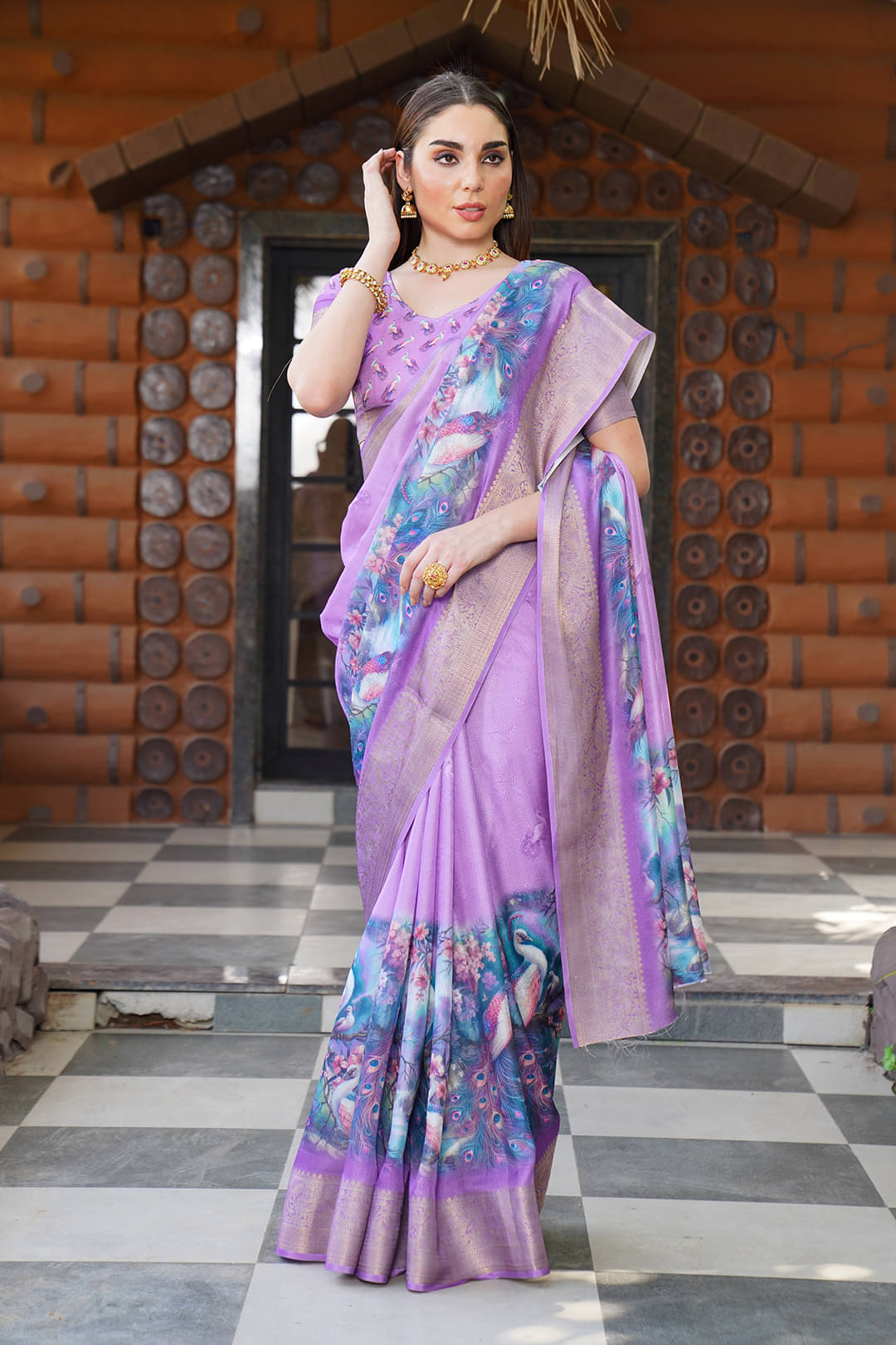 SHIRODHARI Chanderi Printed Ilkal Saree With Unstitched Blouse Piece ( Purple ) SHIRODHARI Chanderi Printed Ilkal Saree With Unstitched Blouse Piece ( Purple )
