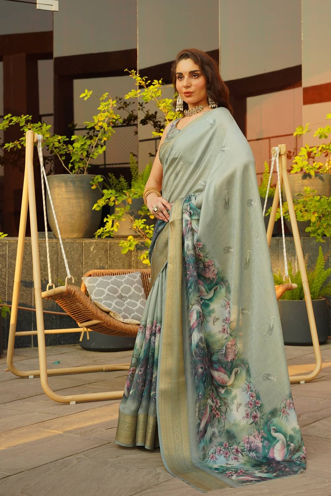SHIRODHARI Chanderi Printed Ilkal Saree With Unstitched Blouse Piece ( Green ) SHIRODHARI Chanderi Printed Ilkal Saree With Unstitched Blouse Piece ( Green )