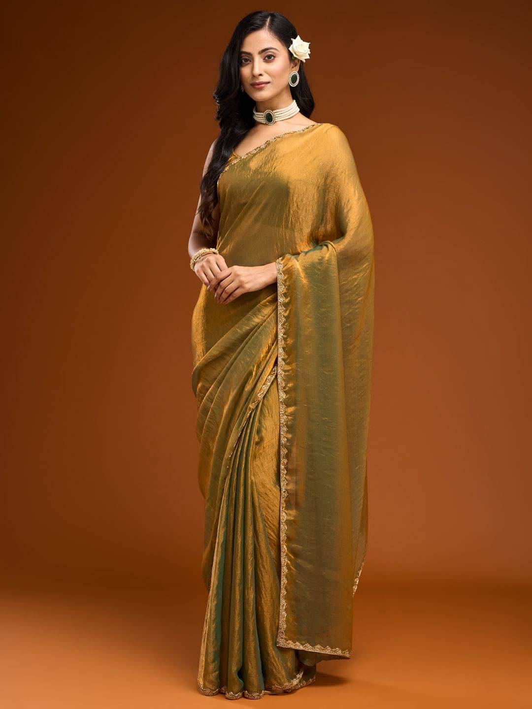SHIRODHARI Chiffon Embellished Ilkal Saree With Unstitched Blouse Piece ( Gold )     			SHIRODHARI Chiffon Embellished Ilkal Saree With Unstitched Blouse Piece ( Gold )