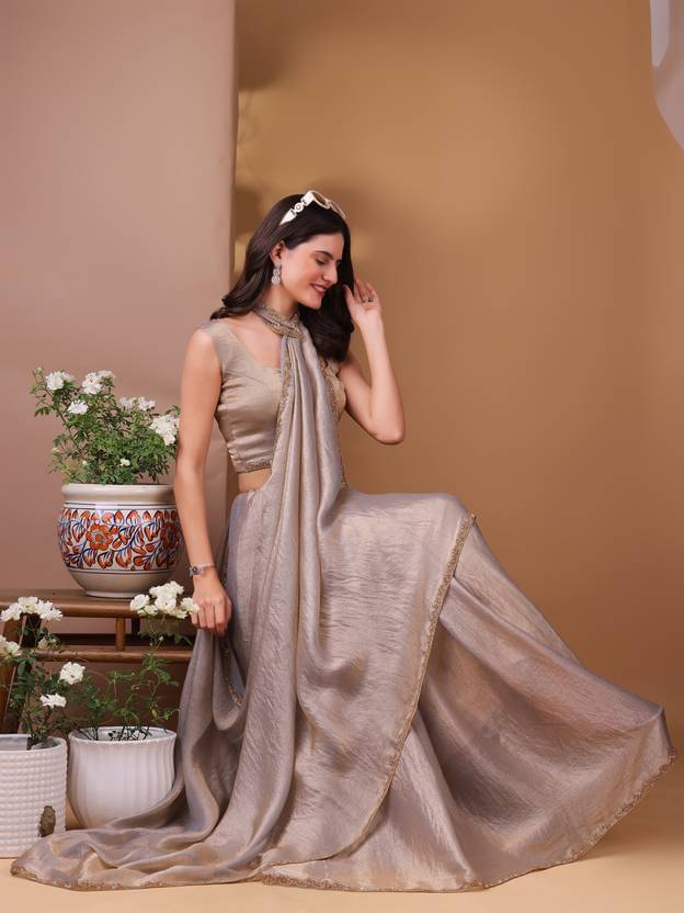 SHIRODHARI Chiffon Embellished Ilkal Saree With Unstitched Blouse Piece ( Silver ) SHIRODHARI Chiffon Embellished Ilkal Saree With Unstitched Blouse Piece ( Silver )