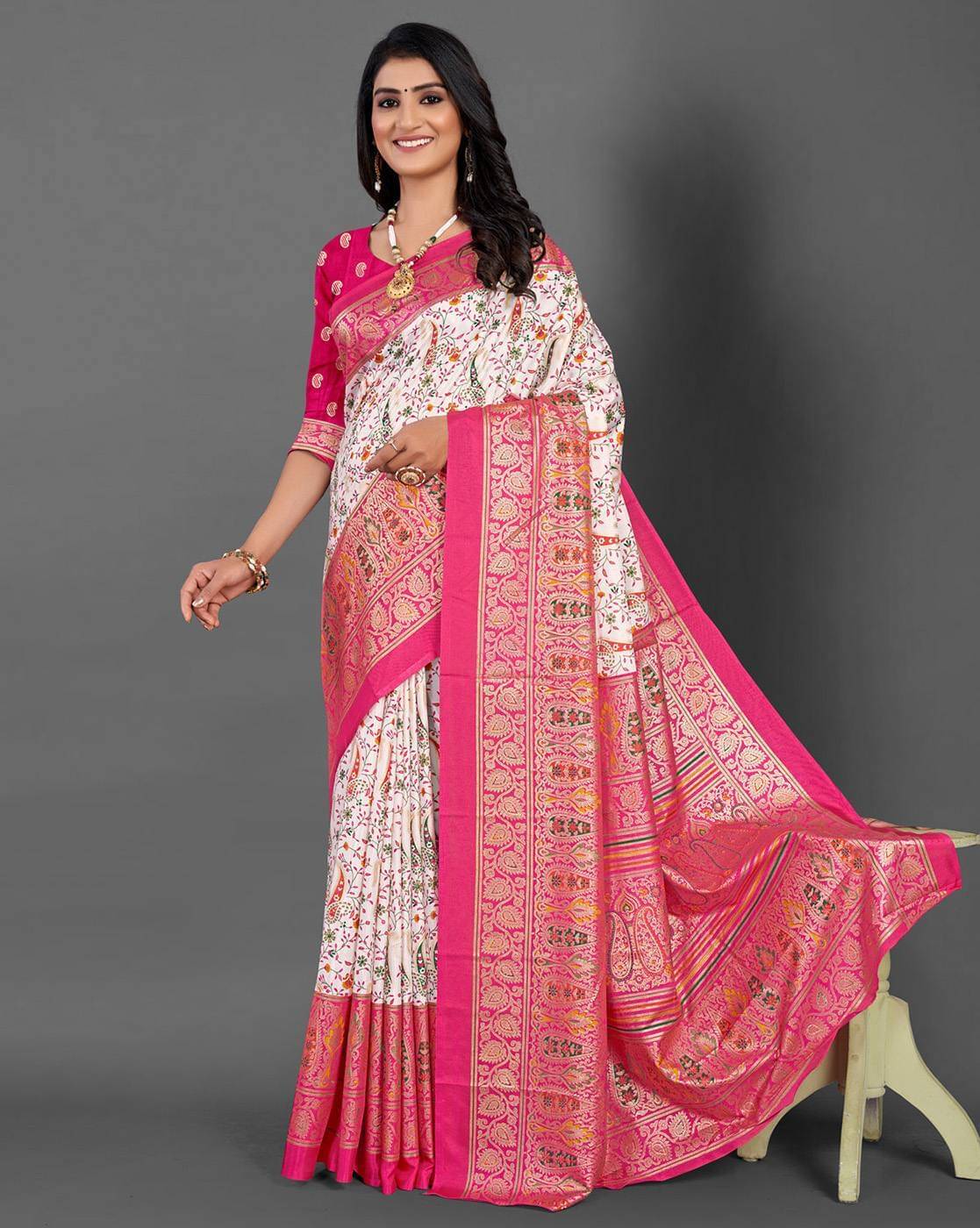     			SHIRODHARI Silk Blend Printed Ilkal Saree With Unstitched Blouse Piece ( Pink )