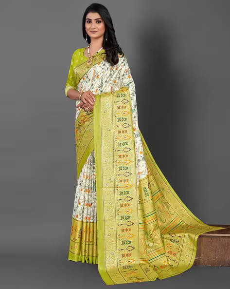    			SHIRODHARI Silk Blend Printed Ilkal Saree With Unstitched Blouse Piece ( Light Green )