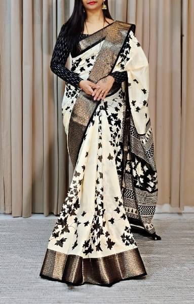     			SHIRODHARI Silk Blend Printed Ilkal Saree With Unstitched Blouse Piece ( Cream )