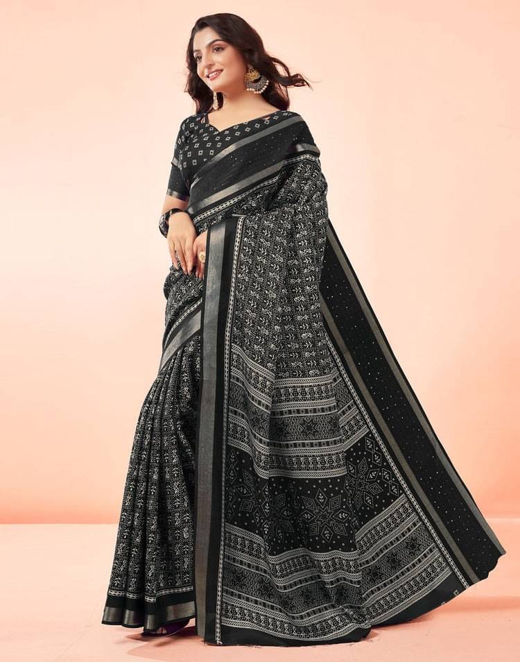 SHIRODHARI Silk Blend Printed Ilkal Saree With Unstitched Blouse Piece ( Black ) SHIRODHARI Silk Blend Printed Ilkal Saree With Unstitched Blouse Piece ( Black )
