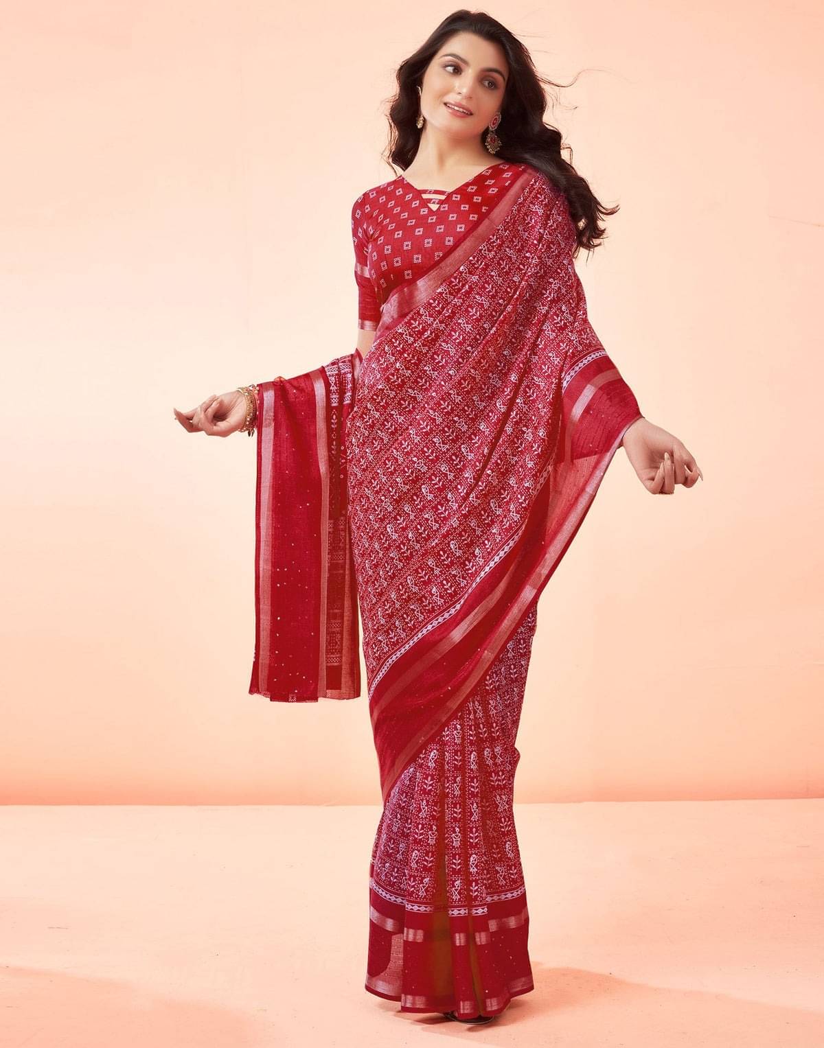 SHIRODHARI Silk Blend Printed Ilkal Saree With Unstitched Blouse Piece ( Red ) SHIRODHARI Silk Blend Printed Ilkal Saree With Unstitched Blouse Piece ( Red )
