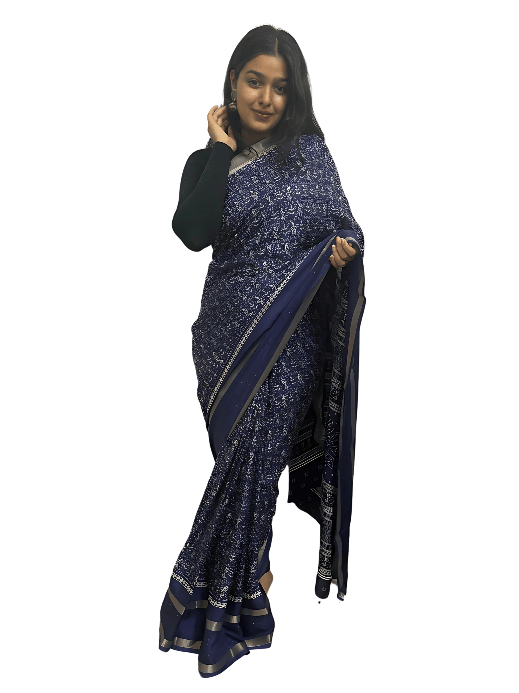     			SHIRODHARI Silk Blend Printed Ilkal Saree With Unstitched Blouse Piece ( Navy Blue )