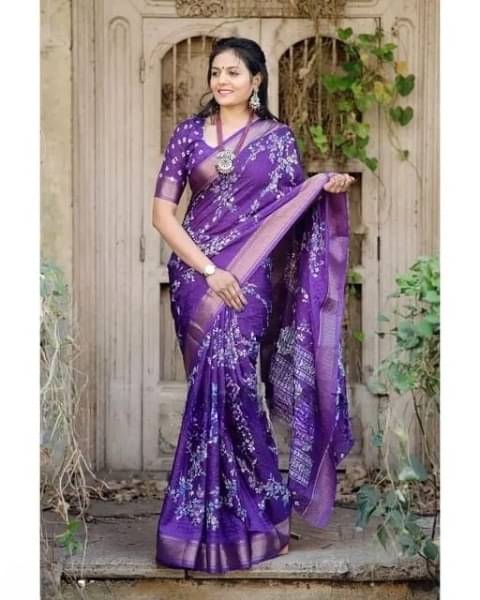     			SHIRODHARI Silk Blend Printed Ilkal Saree With Unstitched Blouse Piece ( Purple )