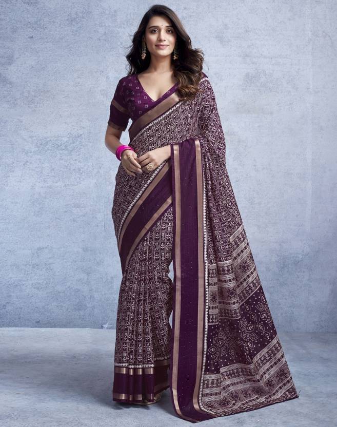 SHIRODHARI Silk Blend Printed Ilkal Saree With Unstitched Blouse Piece ( Purple ) SHIRODHARI Silk Blend Printed Ilkal Saree With Unstitched Blouse Piece ( Purple )