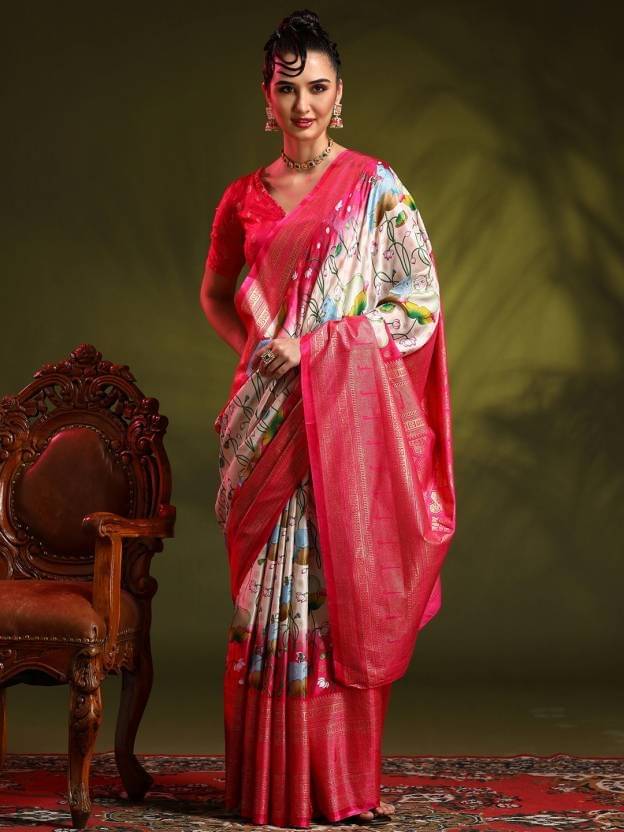 SHIRODHARI Silk Blend Printed Ilkal Saree With Unstitched Blouse Piece ( Pink ) SHIRODHARI Silk Blend Printed Ilkal Saree With Unstitched Blouse Piece ( Pink )