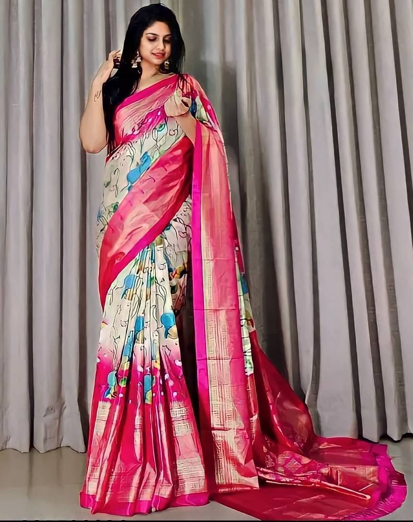     			SHIRODHARI Silk Blend Printed Ilkal Saree With Unstitched Blouse Piece ( Pink )