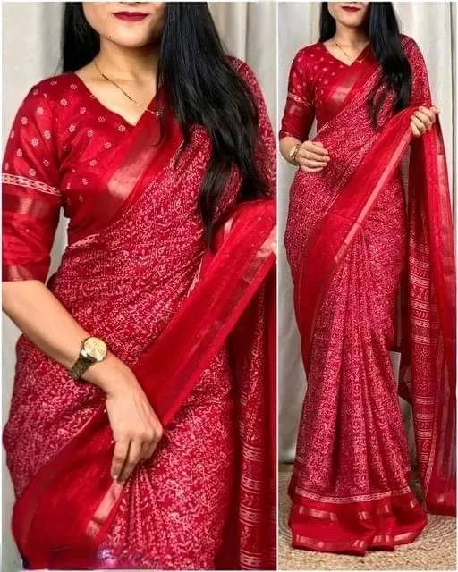 SHIRODHARI Silk Blend Printed Ilkal Saree With Unstitched Blouse Piece ( Red ) SHIRODHARI Silk Blend Printed Ilkal Saree With Unstitched Blouse Piece ( Red )
