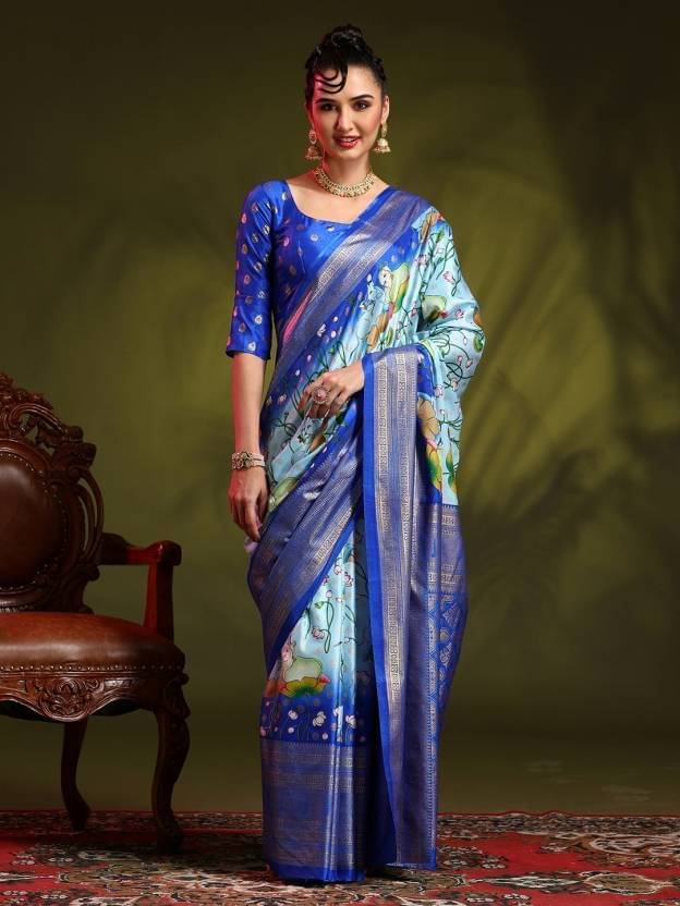     			SHIRODHARI Silk Blend Printed Ilkal Saree With Unstitched Blouse Piece ( Blue )