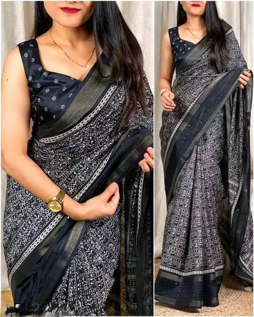     			SHIRODHARI Silk Blend Printed Ilkal Saree With Unstitched Blouse Piece ( Black )