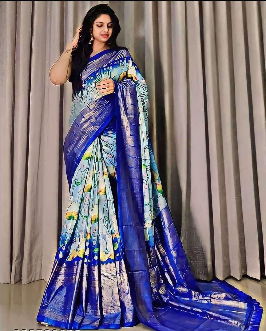 SHIRODHARI Silk Blend Printed Ilkal Saree With Unstitched Blouse Piece ( Blue ) SHIRODHARI Silk Blend Printed Ilkal Saree With Unstitched Blouse Piece ( Blue )