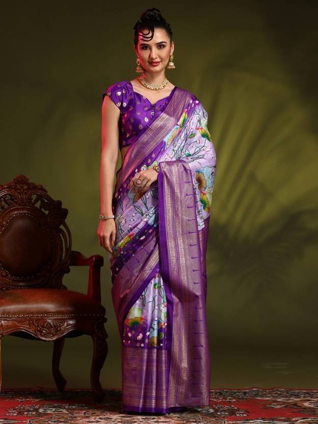     			SHIRODHARI Silk Blend Printed Ilkal Saree With Unstitched Blouse Piece ( Purple )