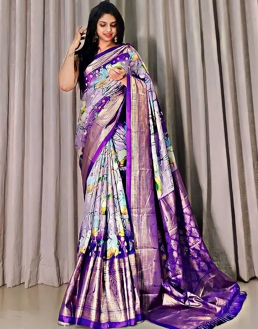     			SHIRODHARI Silk Blend Printed Ilkal Saree With Unstitched Blouse Piece ( Purple )