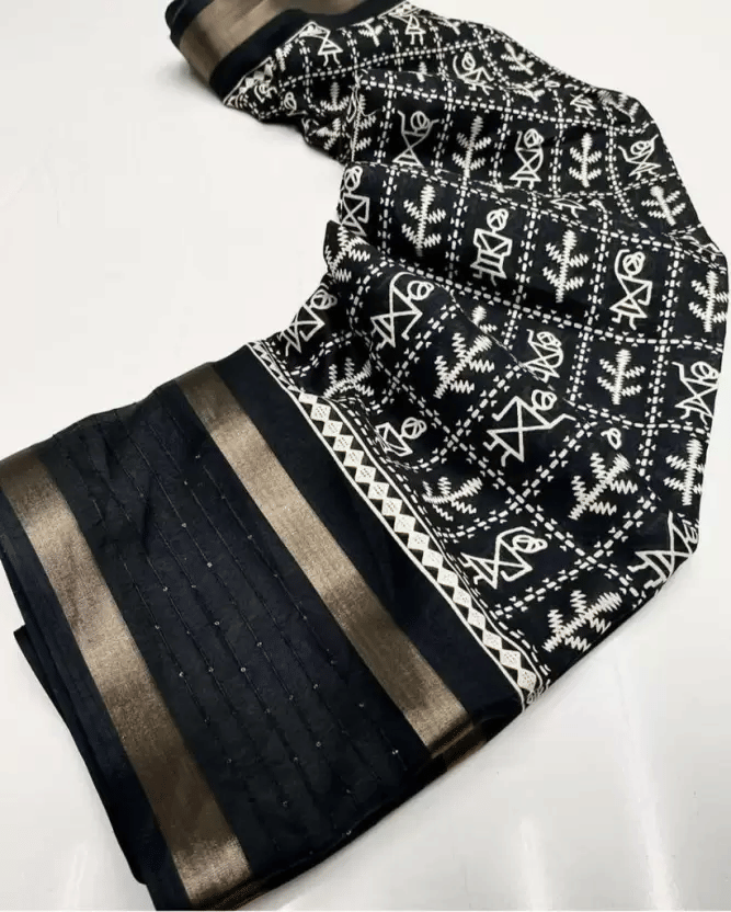 SHIRODHARI Silk Blend Printed Ilkal Saree With Unstitched Blouse Piece ( Black ) SHIRODHARI Silk Blend Printed Ilkal Saree With Unstitched Blouse Piece ( Black )