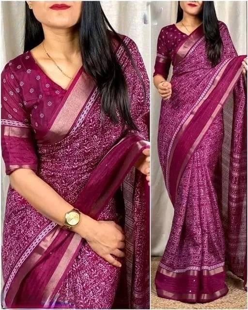 SHIRODHARI Silk Blend Printed Ilkal Saree With Unstitched Blouse Piece ( Purple ) SHIRODHARI Silk Blend Printed Ilkal Saree With Unstitched Blouse Piece ( Purple )