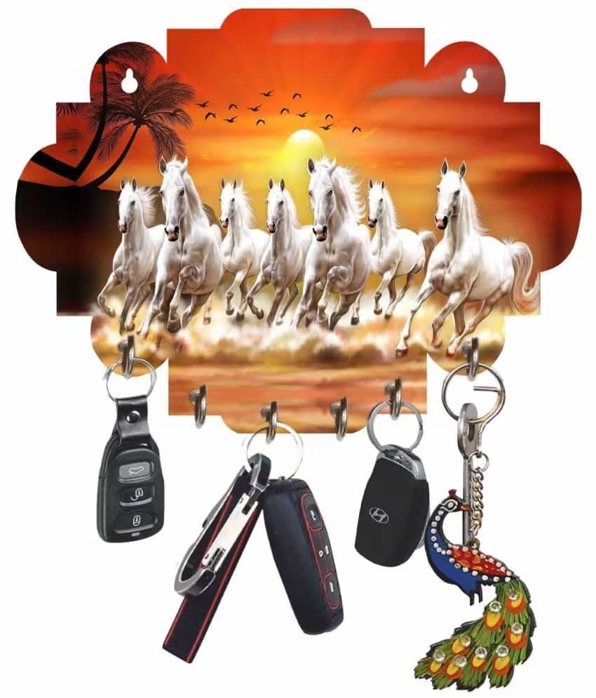 SNDArt Vastu 7 Running Horses Wood Key Holder (Pack of 1)