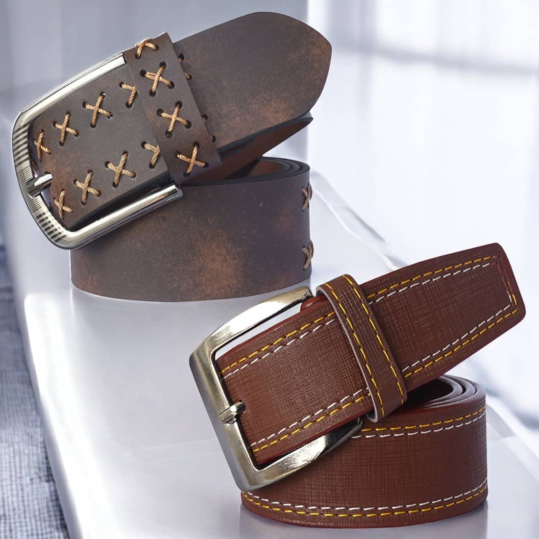 SUNSHOPPING - Multicolor Synthetic Men's Formal Belt ( Pack of 2 )