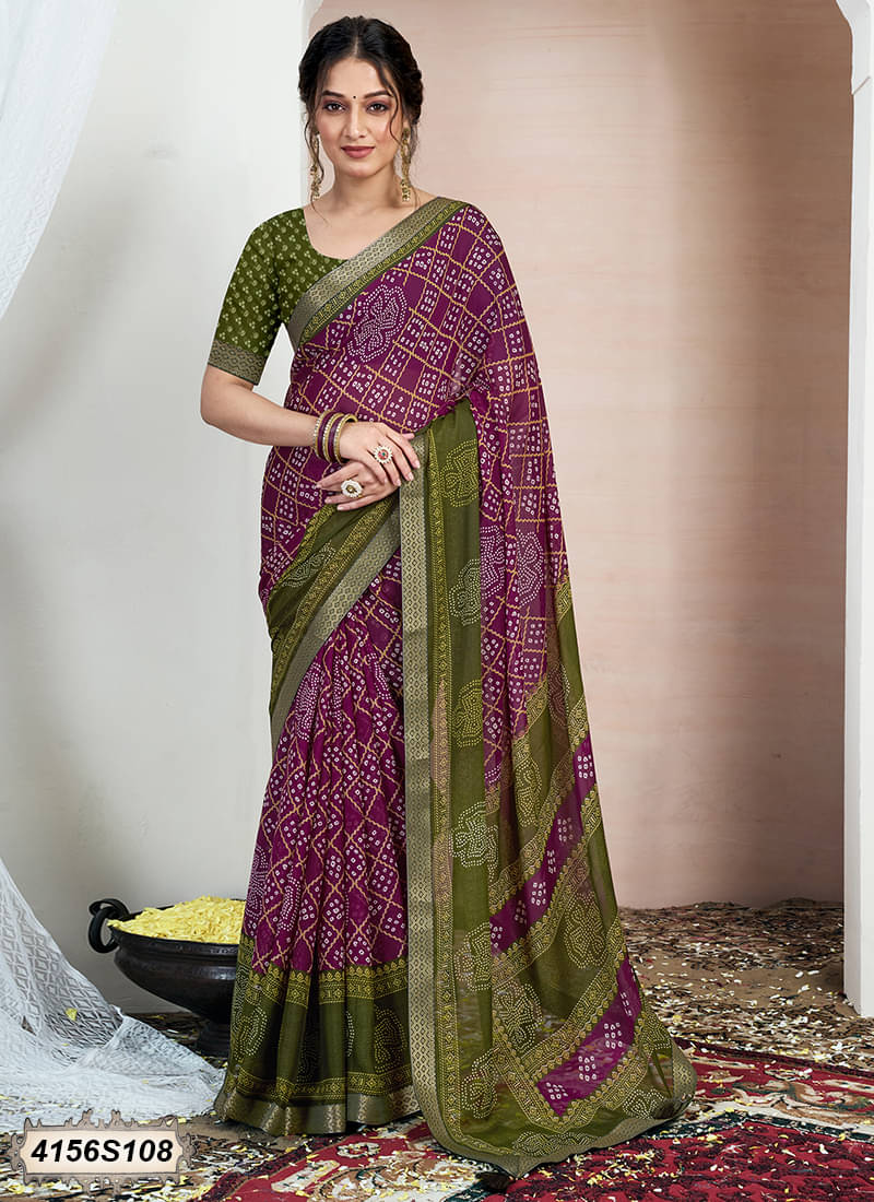 Samah Chiffon Printed Bandhani Sarees With Unstitched Blouse Piece ( Purple ) Samah Chiffon Printed Bandhani Sarees With Unstitched Blouse Piece ( Purple )