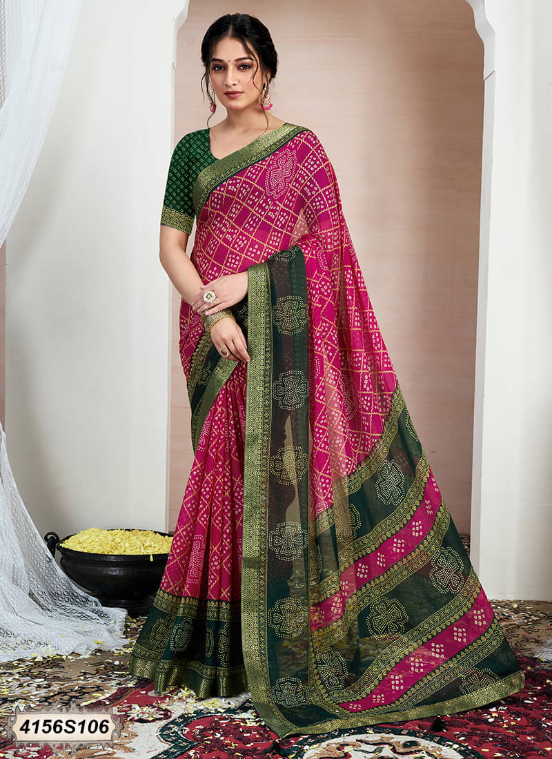 Samah Chiffon Printed Bandhani Sarees With Unstitched Blouse Piece ( Rani ) Samah Chiffon Printed Bandhani Sarees With Unstitched Blouse Piece ( Rani )
