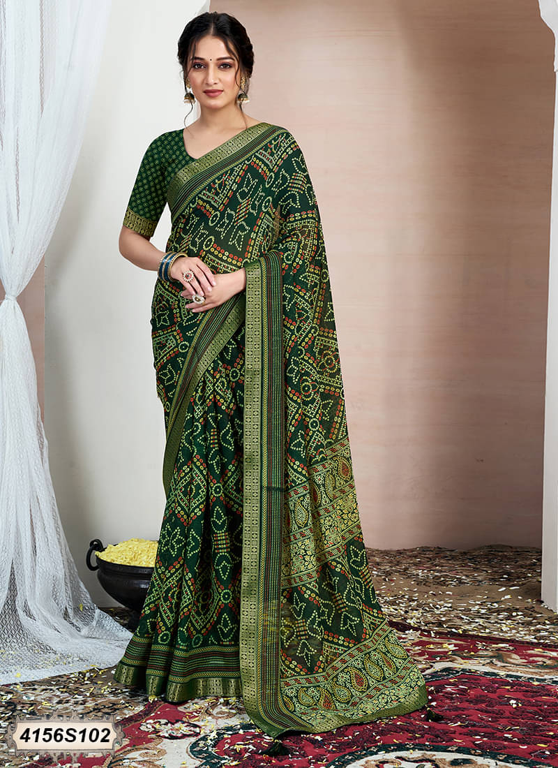     			Samah Chiffon Printed Bandhani Sarees With Unstitched Blouse Piece ( Olive )