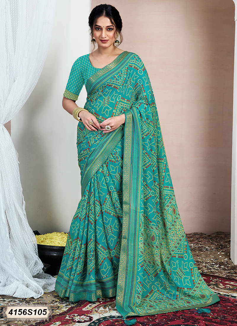     			Samah Chiffon Printed Bandhani Sarees With Unstitched Blouse Piece ( Green )