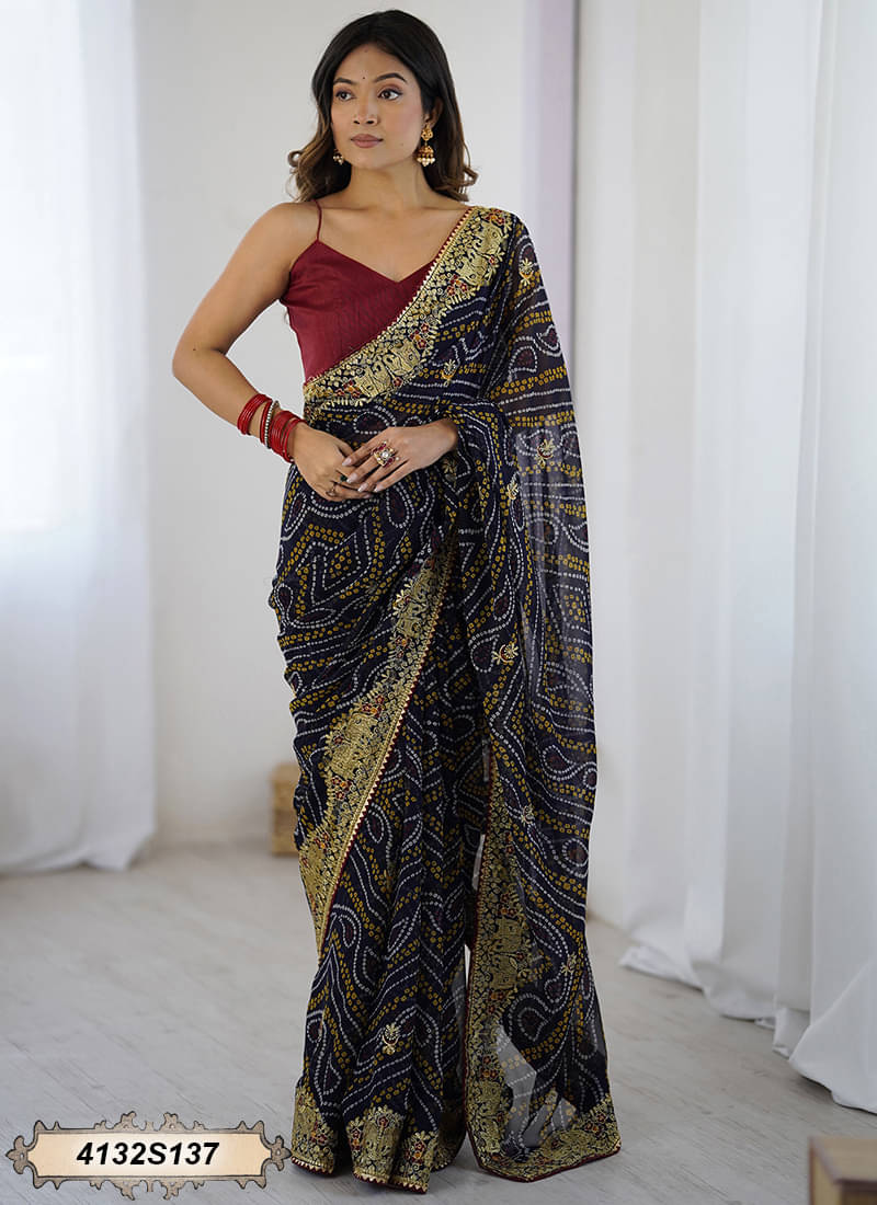 Samah Georgette Embroidered Bandhani Sarees With Unstitched Blouse Piece ( Navy Blue ) Samah Georgette Embroidered Bandhani Sarees With Unstitched Blouse Piece ( Navy Blue )