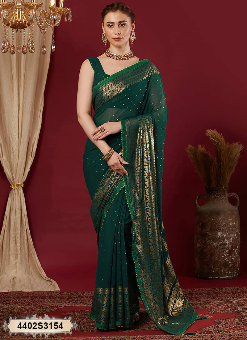     			Samah Georgette Printed Banarasi saree With Unstitched Blouse Piece ( Green )