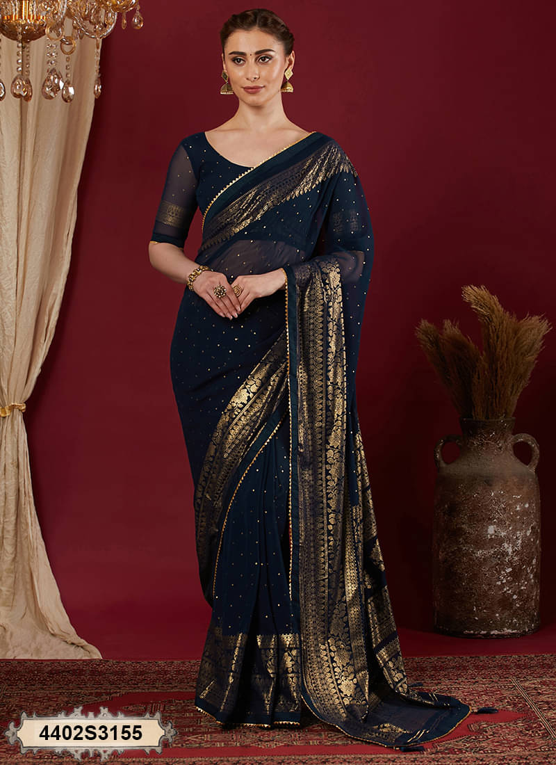 Samah Georgette Printed Banarasi saree With Unstitched Blouse Piece ( Blue ) Samah Georgette Printed Banarasi saree With Unstitched Blouse Piece ( Blue )