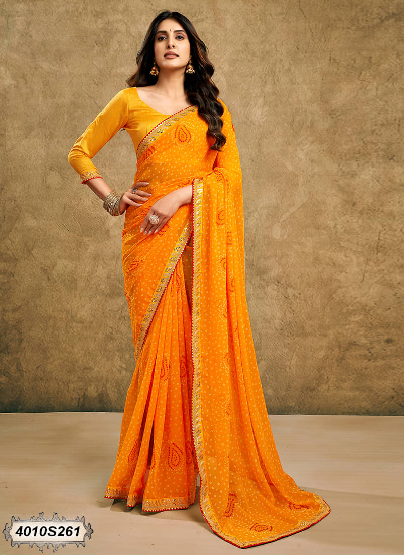 Samah Georgette Printed Bandhani Sarees With Unstitched Blouse Piece ( Yellow ) Samah Georgette Printed Bandhani Sarees With Unstitched Blouse Piece ( Yellow )