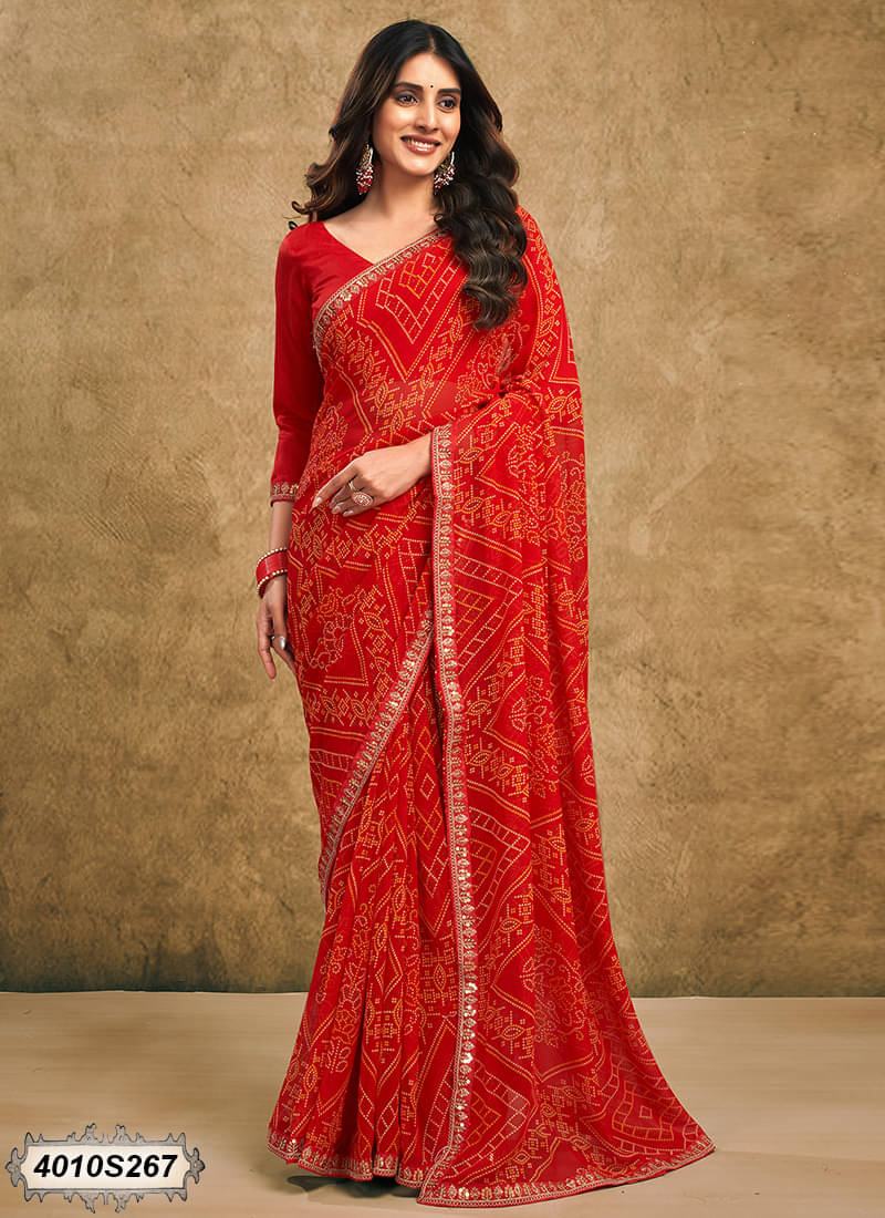 Samah Georgette Printed Bandhani Sarees With Unstitched Blouse Piece ( Maroon ) Samah Georgette Printed Bandhani Sarees With Unstitched Blouse Piece ( Maroon )