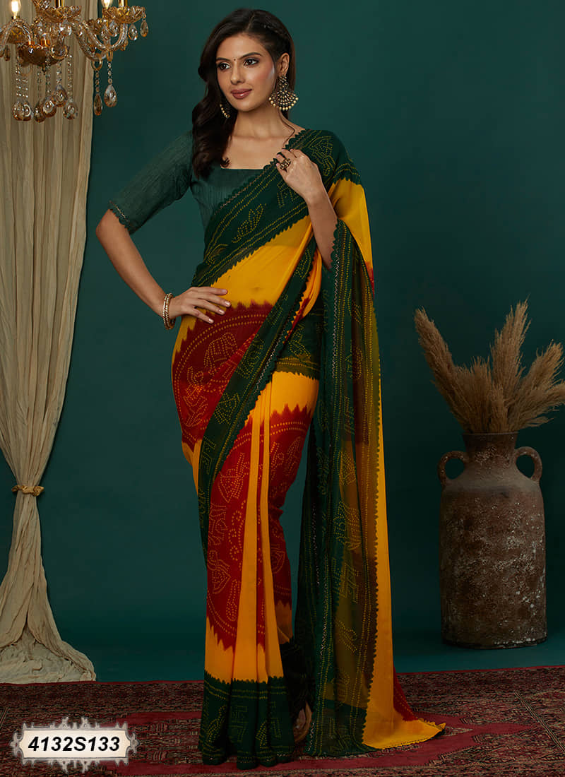 Samah Georgette Printed Bandhani Sarees With Unstitched Blouse Piece ( Multicolor ) - Sarees | Buy online on ZillyBuy