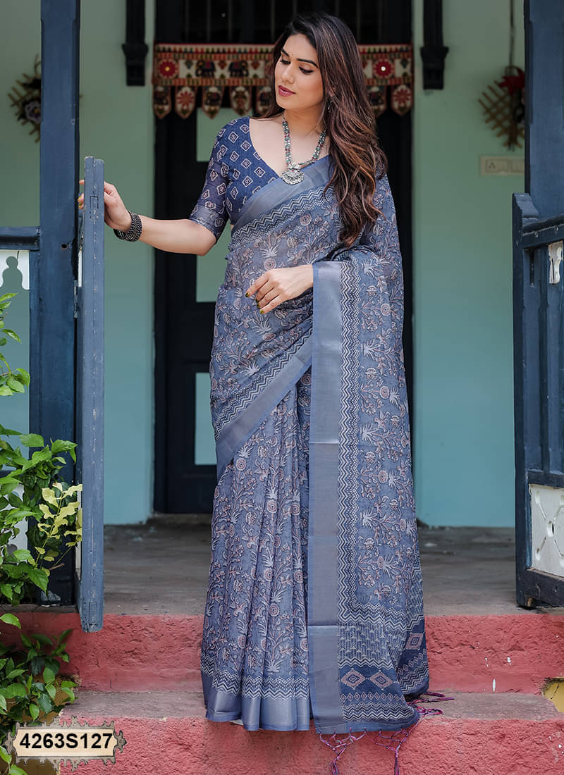Samah Linen Printed Saree With Unstitched Blouse Piece ( Teal ) Samah Linen Printed Saree With Unstitched Blouse Piece ( Teal )