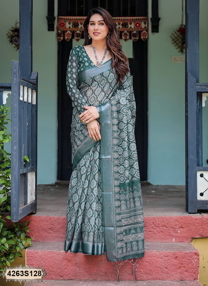Samah Linen Printed Saree With Unstitched Blouse Piece ( Olive ) Samah Linen Printed Saree With Unstitched Blouse Piece ( Olive )