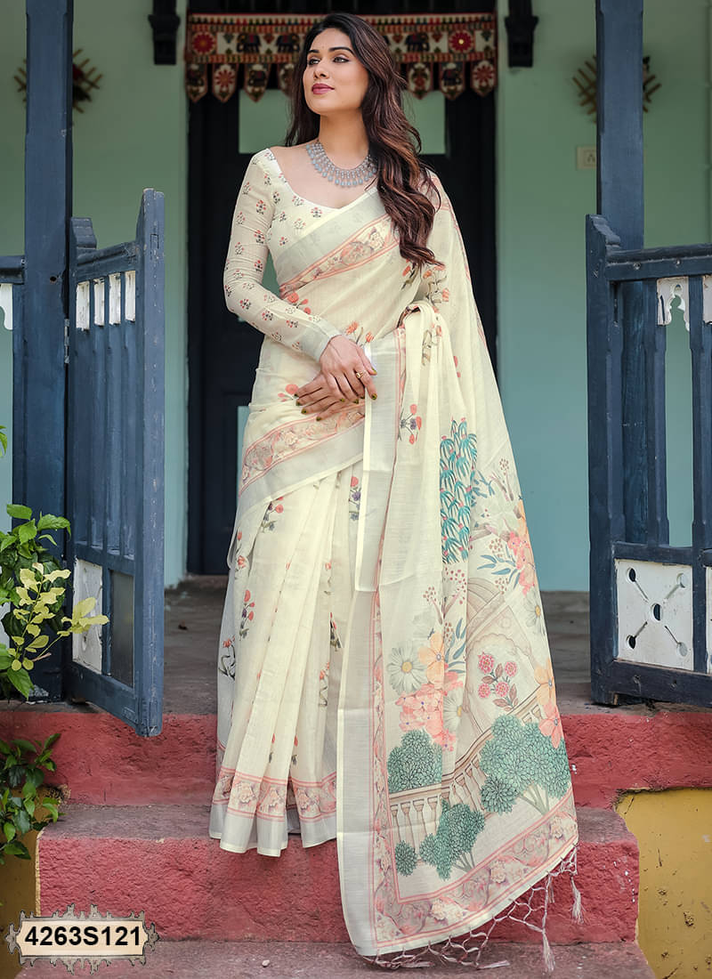     			Samah Linen Printed Saree With Unstitched Blouse Piece ( Cream )