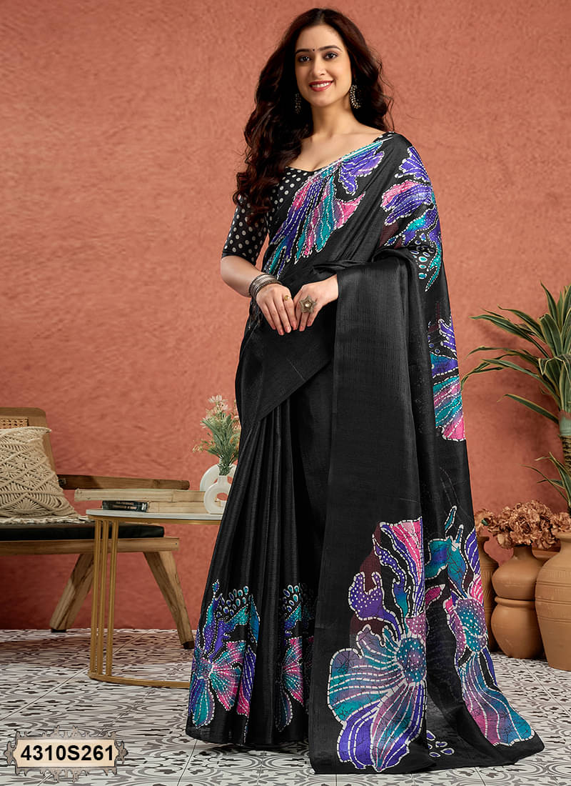     			Samah Silk Blend Printed Saree With Unstitched Blouse Piece ( Black )