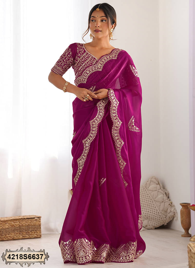 Samah Tissue Embroidered Saree With Unstitched Blouse Piece ( Rani ) Samah Tissue Embroidered Saree With Unstitched Blouse Piece ( Rani )