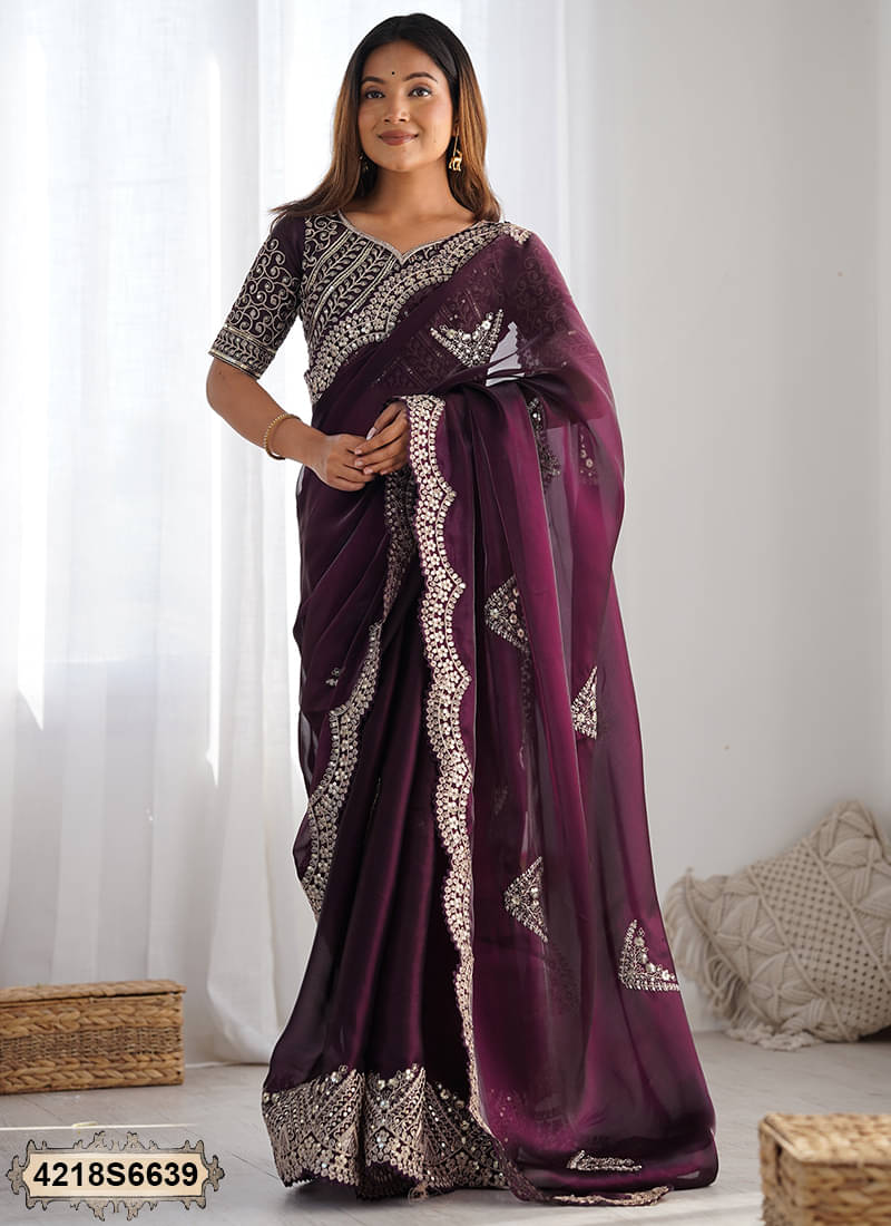     			Samah Tissue Embroidered Saree With Unstitched Blouse Piece ( Purple )