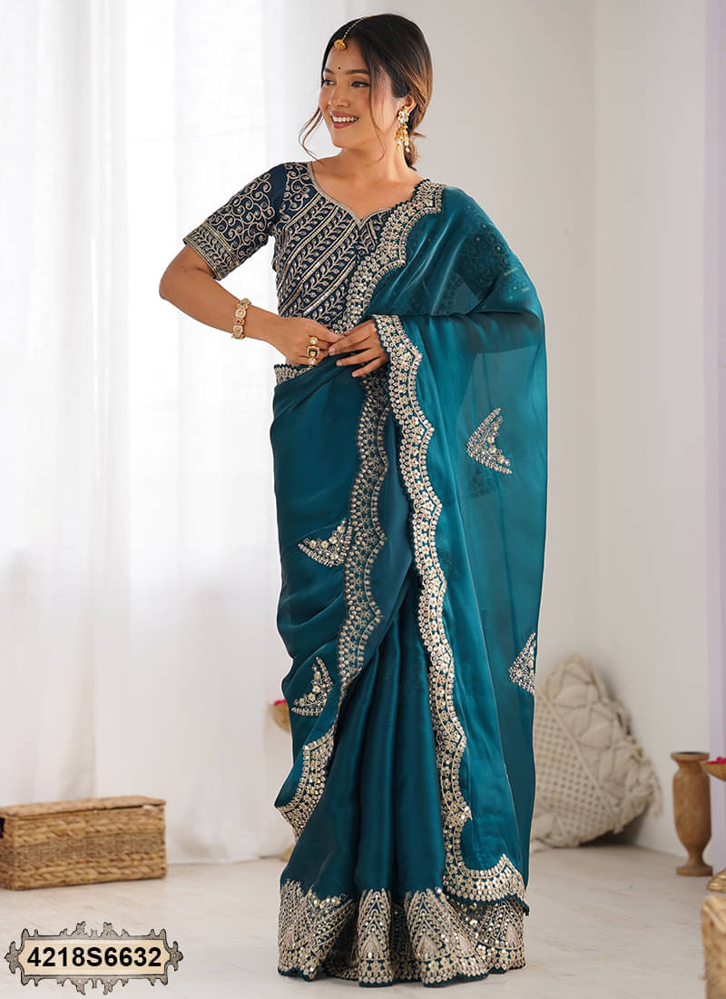Samah Tissue Embroidered Saree With Unstitched Blouse Piece ( Teal ) Samah Tissue Embroidered Saree With Unstitched Blouse Piece ( Teal )