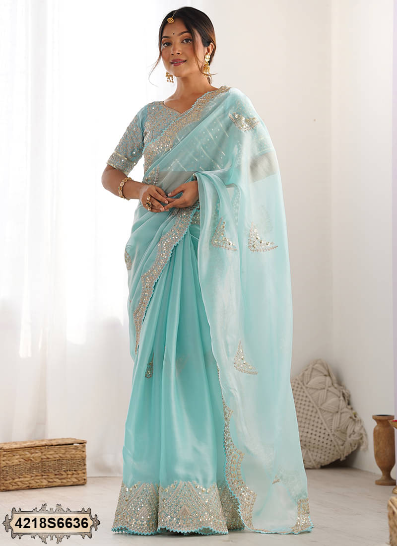 Samah Tissue Embroidered Saree With Unstitched Blouse Piece ( Blue ) Samah Tissue Embroidered Saree With Unstitched Blouse Piece ( Blue )