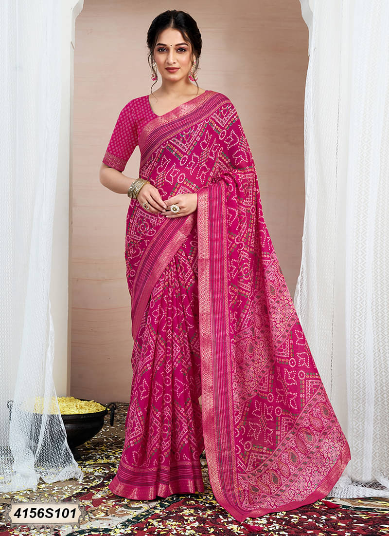 Satrani Chiffon Printed Bandhani Sarees With Unstitched Blouse Piece ( Pink ) Satrani Chiffon Printed Bandhani Sarees With Unstitched Blouse Piece ( Pink )
